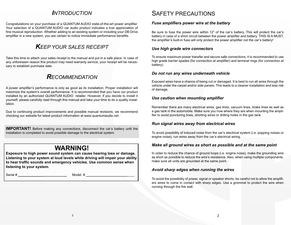 Qca_1-2, Warning, Afety precautions | Ntroduction, Eep your sales receipt, Ecommendation | Quantum Audio QCA4400 User Manual | Page 2 / 8