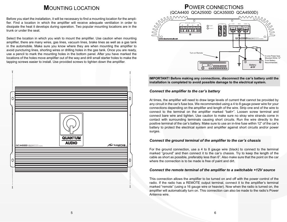 Qca_5-6, Ounting location, Ower connections | Quantum Audio QCA4400 User Manual | Page 4 / 8
