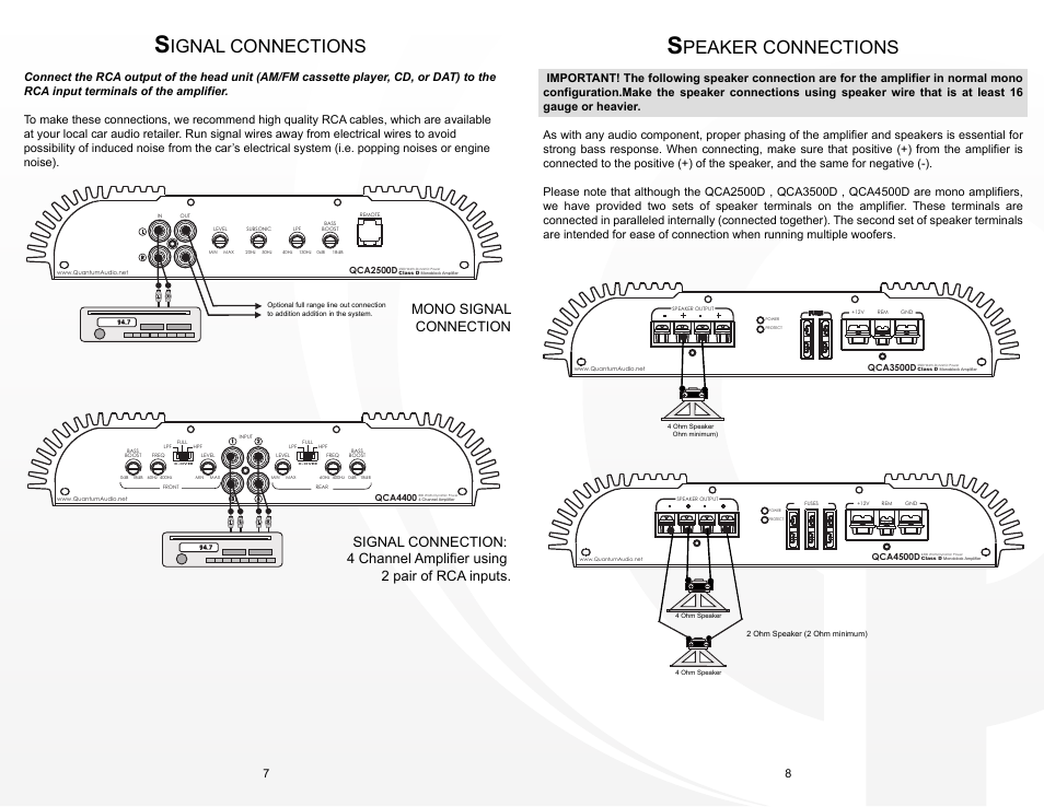Qca_7-8, Ignal connections, Peaker connections | Mono signal connection | Quantum Audio QCA4400 User Manual | Page 5 / 8