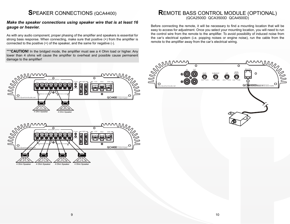 Qca_9-10, Peaker connections, Emote bass control module (optional) | Qca4400), Power, Caution | Quantum Audio QCA4400 User Manual | Page 6 / 8