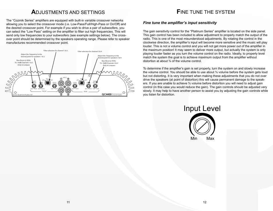 Qca_11-12, Input level, Djustments and settings | Ine tune the system, Min max, Fine tune the amplifier’s input sensitivity | Quantum Audio QCA4400 User Manual | Page 7 / 8