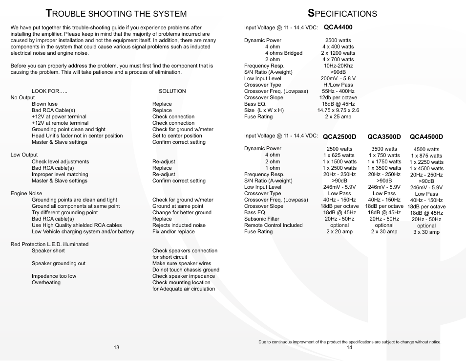 Qca_13-14, Rouble shooting the system, Pecifications | Quantum Audio QCA4400 User Manual | Page 8 / 8