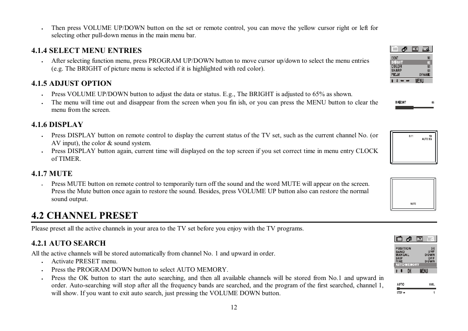 2 channel preset, 4 select menu entries, 5 adjust option | 6 display, 7 mute, 1 auto search | Hyundai H-TV2107PF User Manual | Page 12 / 48