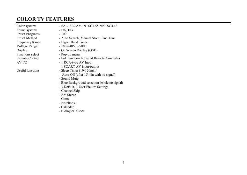 Color tv features | Hyundai H-TV2107PF User Manual | Page 4 / 48