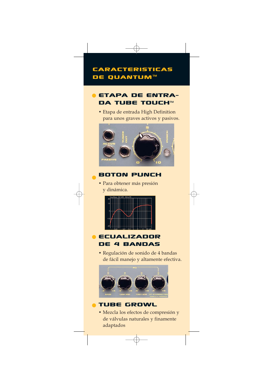 Etapa de entra- da tube touch, Boton punch, Ecualizador de 4 bandas | Tube growl, Caracteristicas de quantum | Quantum Audio Speaker User Manual | Page 20 / 28