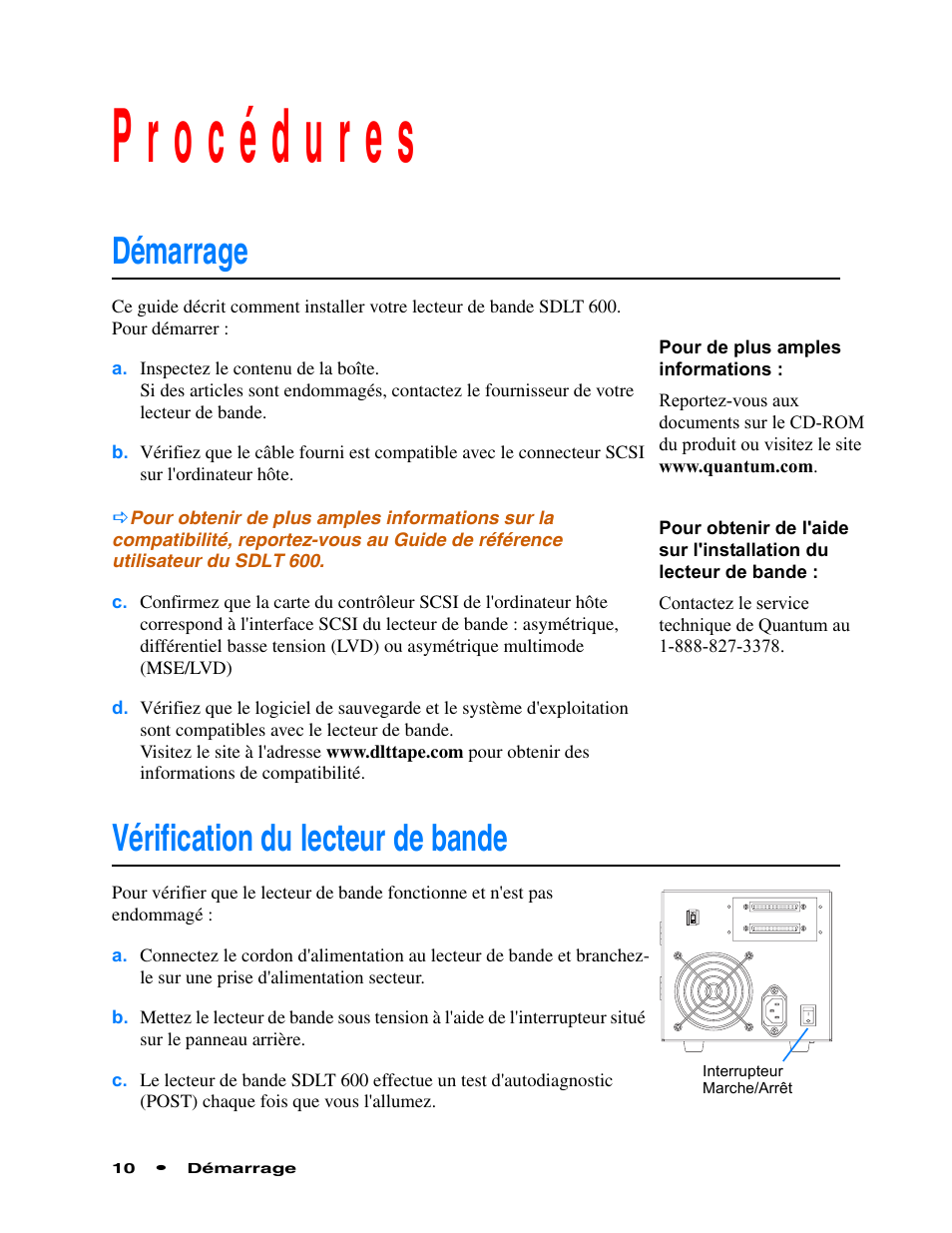 Procédures, Démarrage, Vérification du lecteur de bande | Rocédures, Démarrage vérification du lecteur de bande 10 | Quantum Audio Tape Drive SDLT 600 User Manual | Page 12 / 24