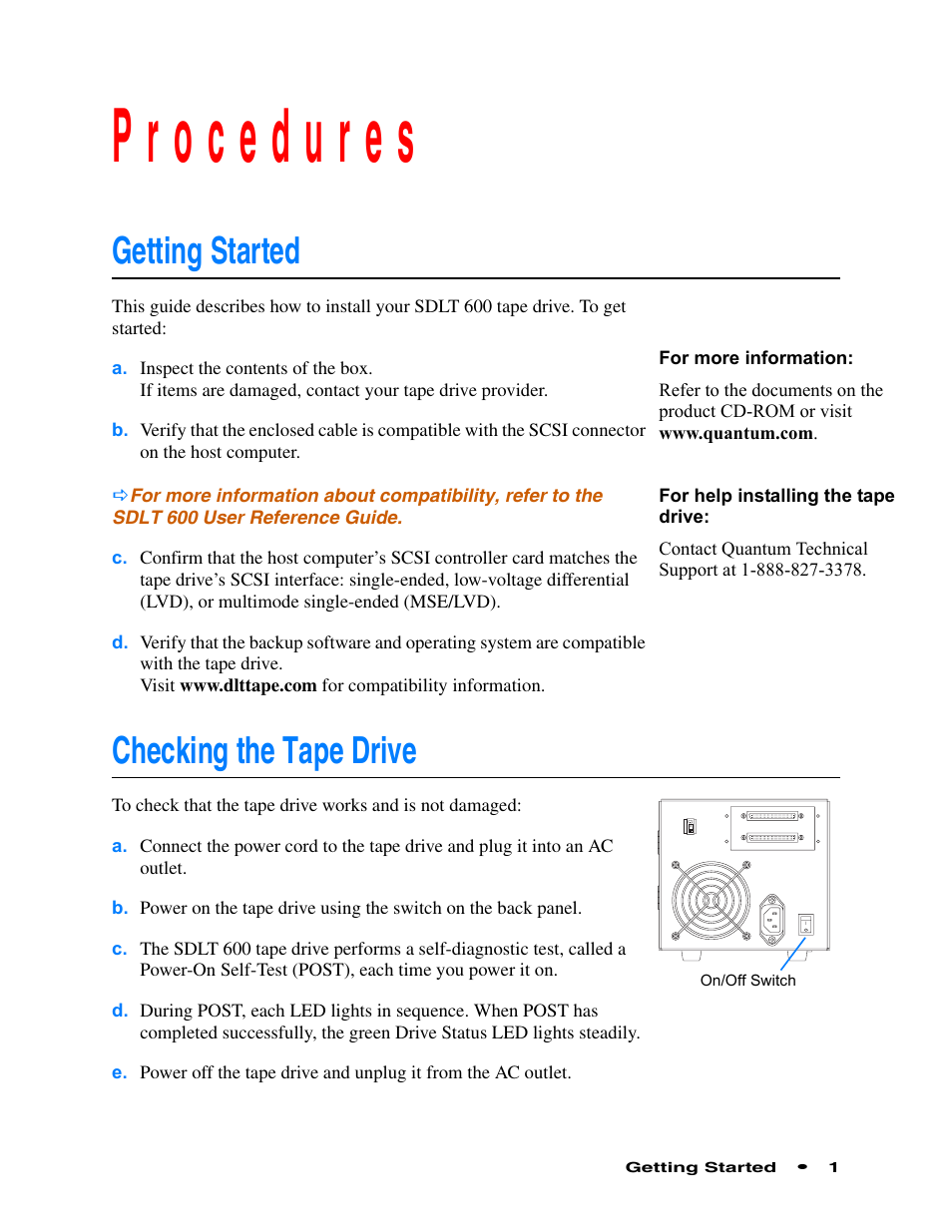 Procedures, Getting started, Checking the tape drive | Rocedures, Getting started checking the tape drive 1 | Quantum Audio Tape Drive SDLT 600 User Manual | Page 3 / 24
