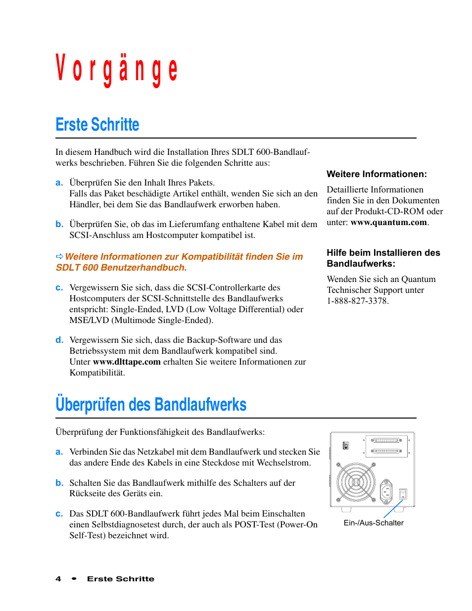 Vorgänge, Erste schritte, Überprüfen des bandlaufwerks | Orgänge, Erste schritte überprüfen des bandlaufwerks 4 | Quantum Audio Tape Drive SDLT 600 User Manual | Page 6 / 24