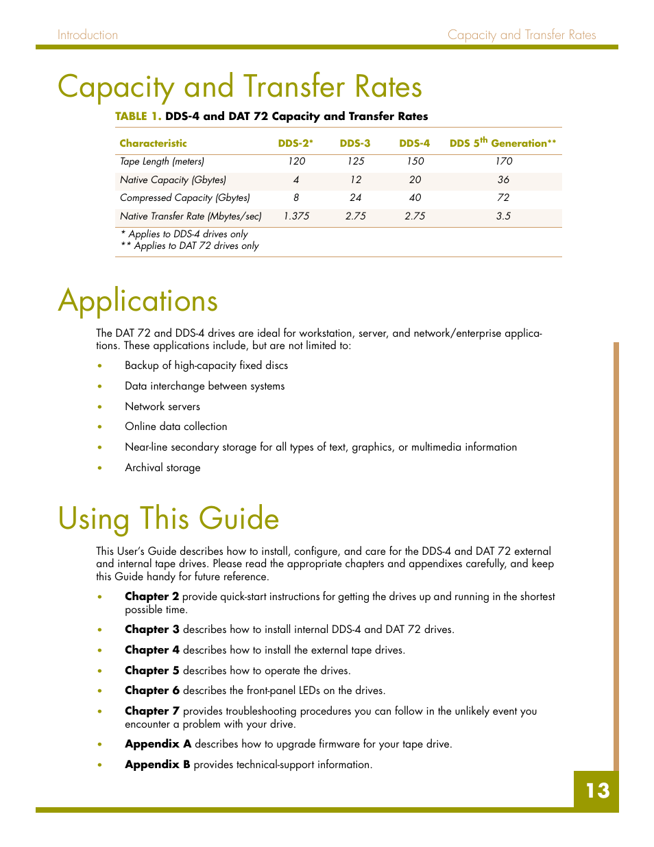 Capacity and transfer rates, Applications, Using this guide | List of tables, Capacity and transfer rates applications | Quantum Audio drive DDS-4 User Manual | Page 13 / 62