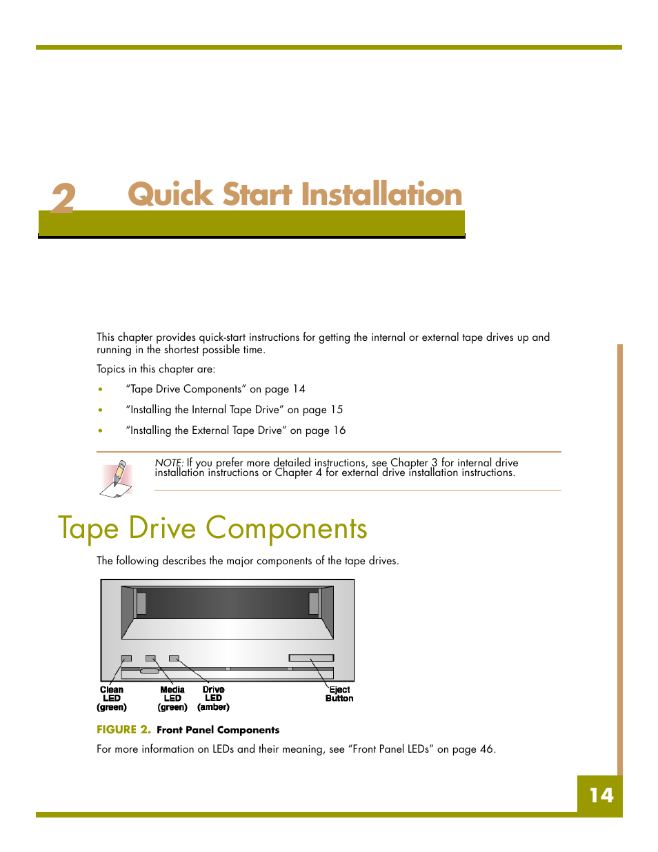 Quick start installation, Tape drive components, Chapter 2 - quick star | Figure 2. fro, Chapter 2 provide | Quantum Audio drive DDS-4 User Manual | Page 14 / 62