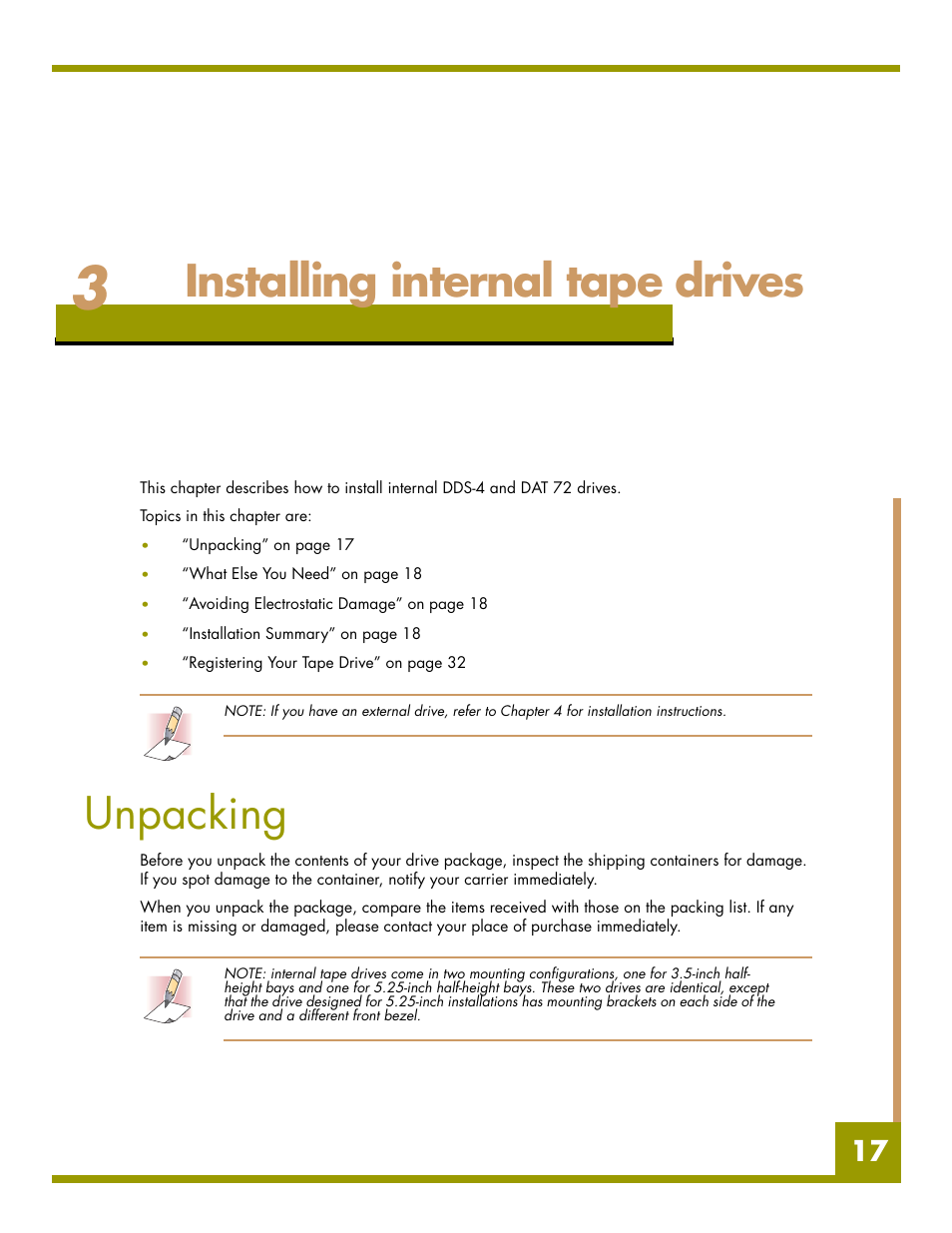 Installing internal tape drives, Unpacking, Chapter 3 - installing | Chapter 3, Ns, see chapter 3 | Quantum Audio drive DDS-4 User Manual | Page 17 / 62