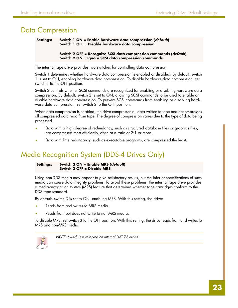 Data compression, Media recognition system (dds-4 drives only), 23 data compression | Quantum Audio drive DDS-4 User Manual | Page 23 / 62