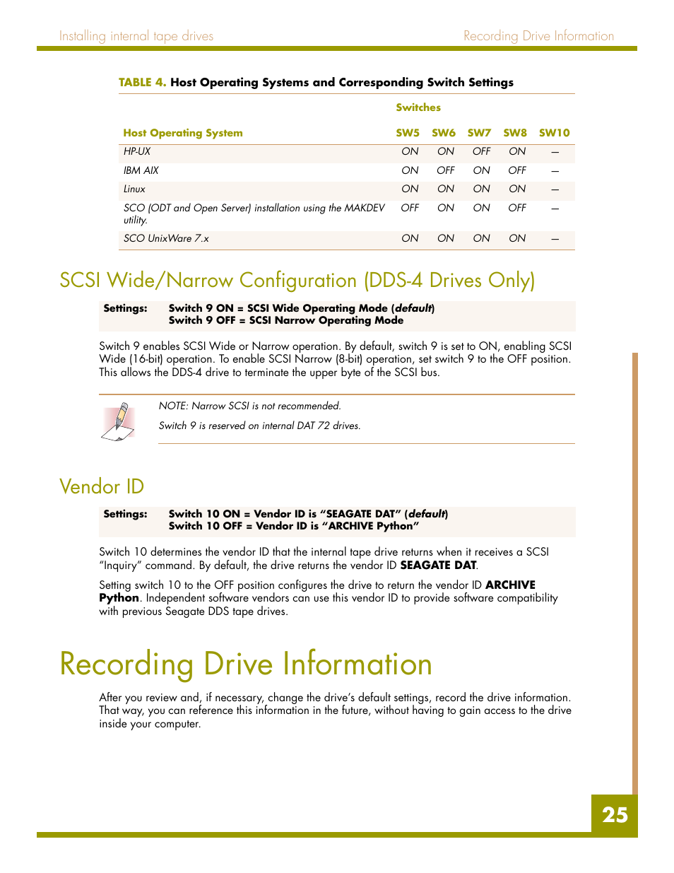 Scsi wide/narrow configuration (dds-4 drives only), Vendor id, Recording drive information | Quantum Audio drive DDS-4 User Manual | Page 25 / 62