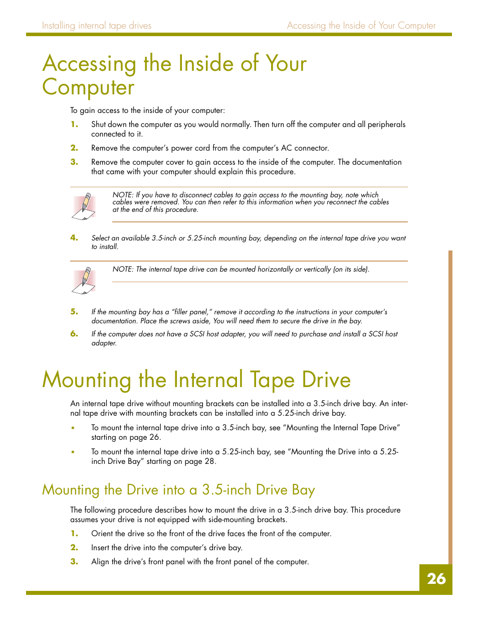 Accessing the inside of your computer, Mounting the internal tape drive, Mounting the drive into a 3.5-inch drive bay | Quantum Audio drive DDS-4 User Manual | Page 26 / 62