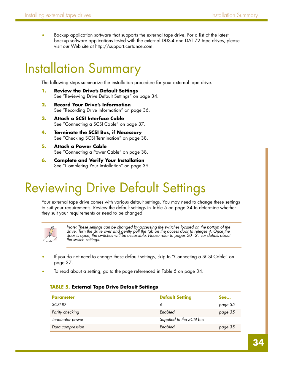 Installation summary, Reviewing drive default settings, Table 5. external tape drive default settings | Quantum Audio drive DDS-4 User Manual | Page 34 / 62