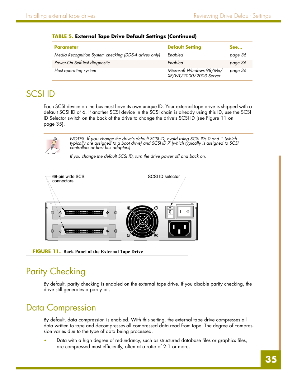 Scsi id, Parity checking, Data compression | Figure 11. back panel of the external tape drive, 35 scsi id | Quantum Audio drive DDS-4 User Manual | Page 35 / 62