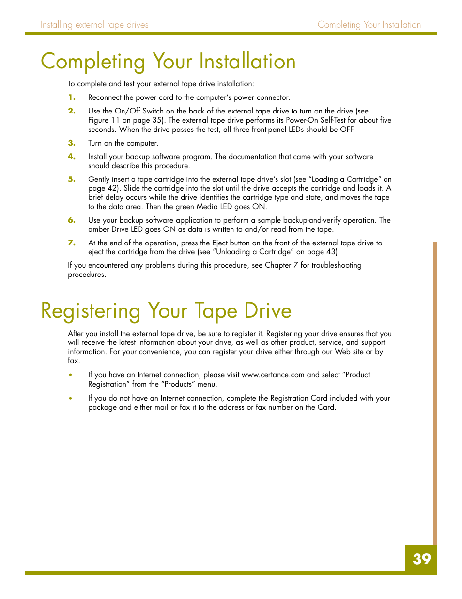 Completing your installation, Registering your tape drive | Quantum Audio drive DDS-4 User Manual | Page 39 / 62