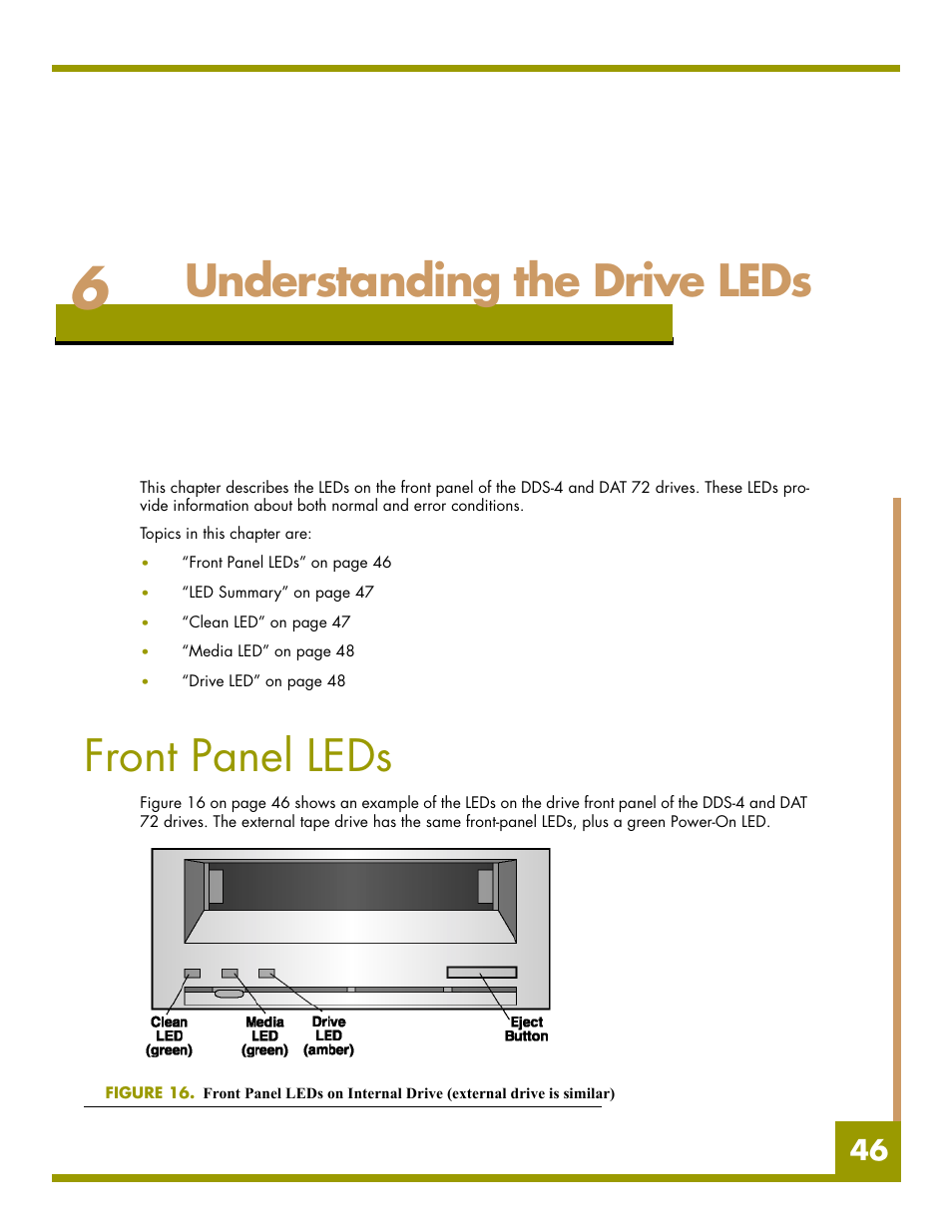 Understanding the drive leds, Front panel leds, Chapter 6 - understanding the drive leds | Chapter 6 | Quantum Audio drive DDS-4 User Manual | Page 46 / 62