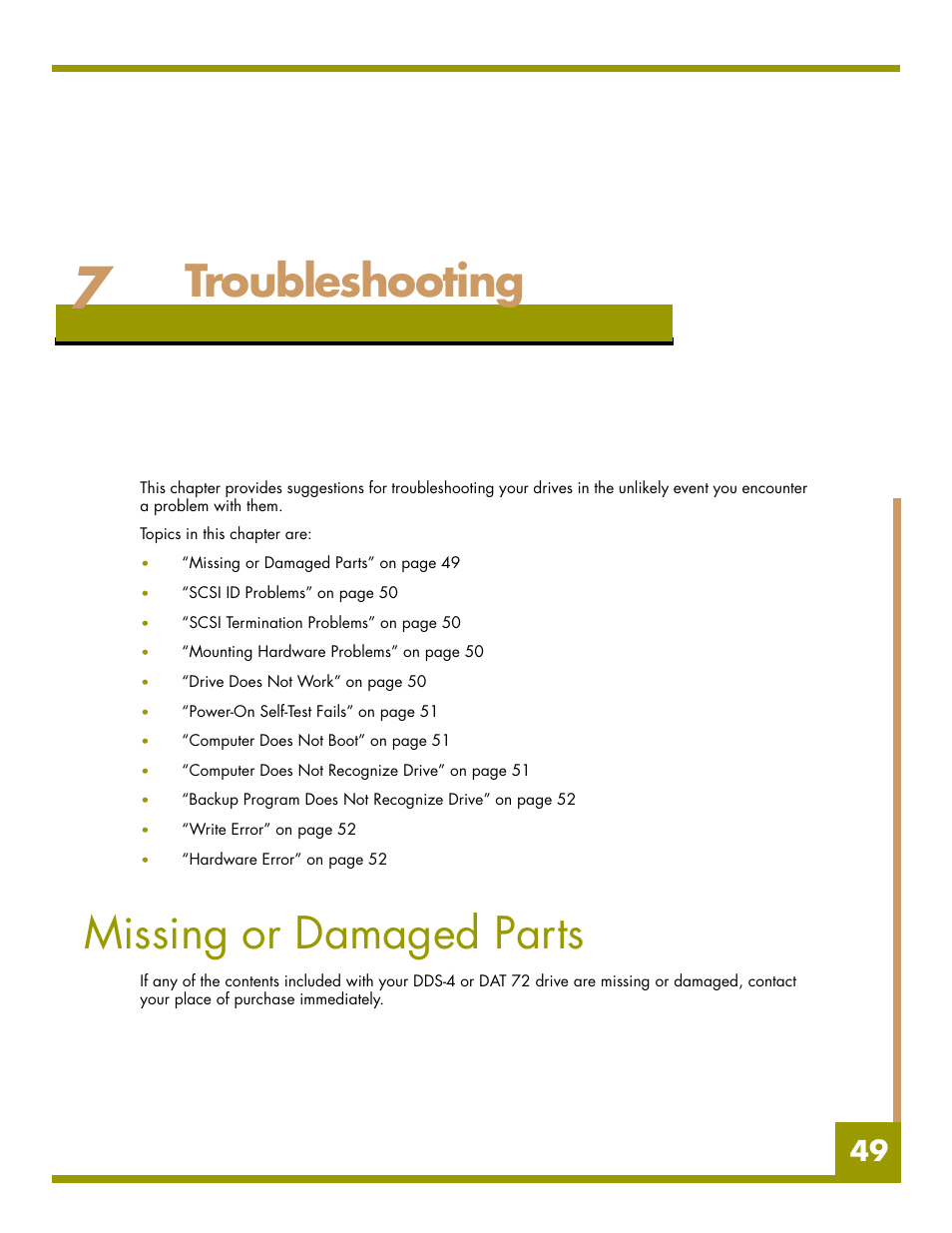 Troubleshooting, Missing or damaged parts, Chapter 7 - t | Chapter 7, Procedure, see chapter 7 for troubleshooting | Quantum Audio drive DDS-4 User Manual | Page 49 / 62