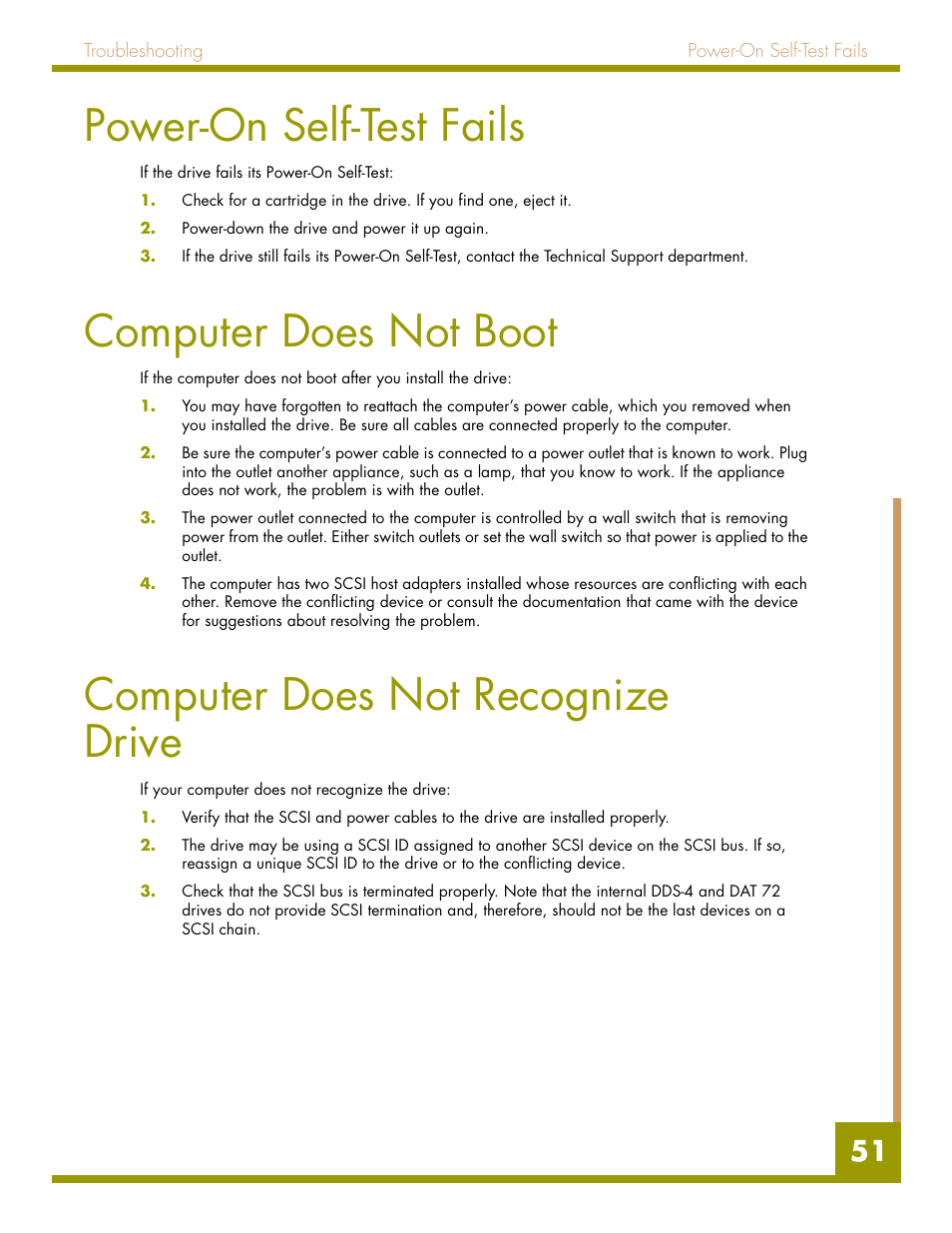 Power-on self-test fails, Computer does not boot, Computer does not recognize drive | Quantum Audio drive DDS-4 User Manual | Page 51 / 62