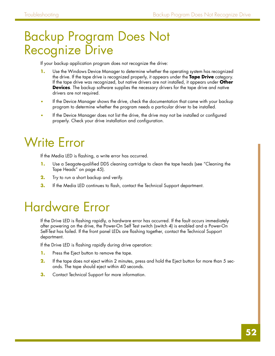 Backup program does not recognize drive, Write error, Hardware error | Quantum Audio drive DDS-4 User Manual | Page 52 / 62