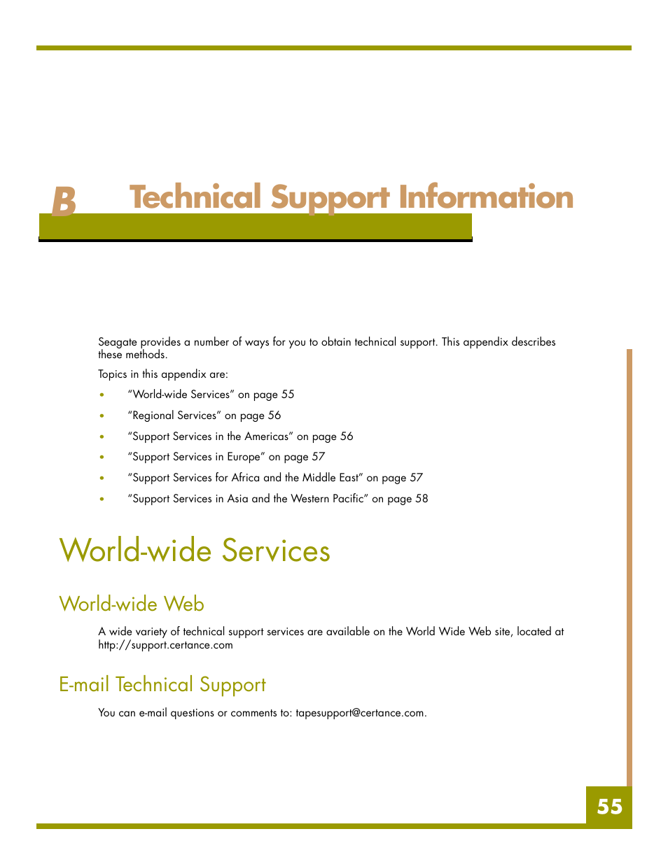 Technical support information, World-wide services, World-wide web | E-mail technical support, Appendix b - t, Appendix b | Quantum Audio drive DDS-4 User Manual | Page 55 / 62