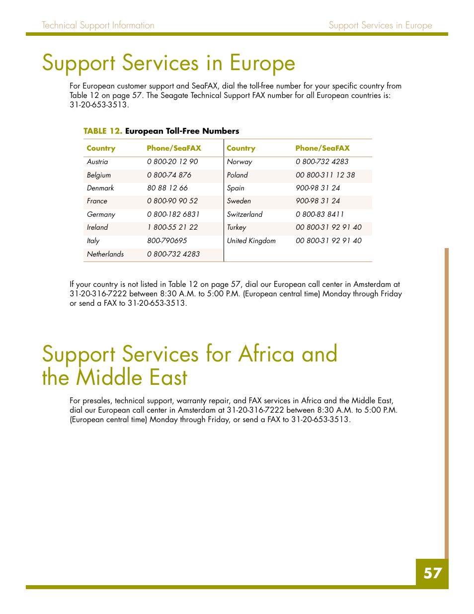 Support services in europe, Support services for africa and the middle east, Table 12. european toll-free numbers | Quantum Audio drive DDS-4 User Manual | Page 57 / 62