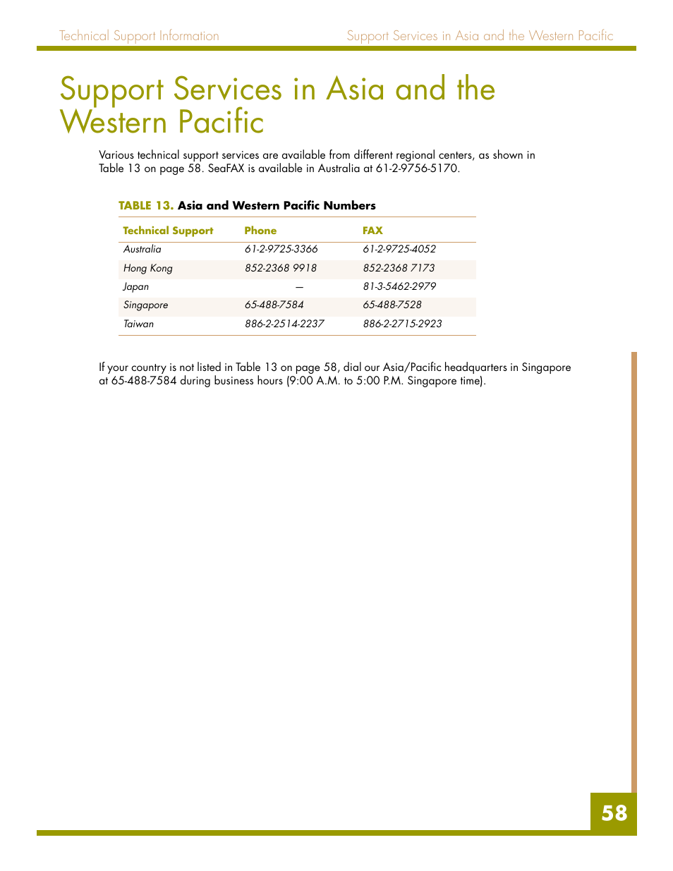 Support services in asia and the western pacific, Table 13. asia and western pacific numbers | Quantum Audio drive DDS-4 User Manual | Page 58 / 62