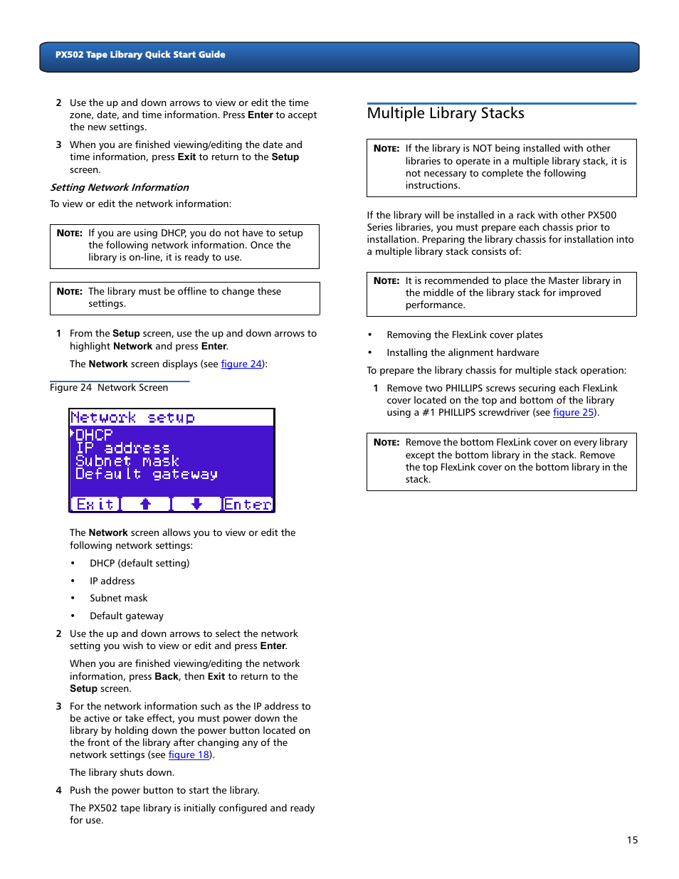 Multiple library stacks, K, refer to “multiple, Setting network information | Quantum Audio Tape Library PX502 User Manual | Page 15 / 16