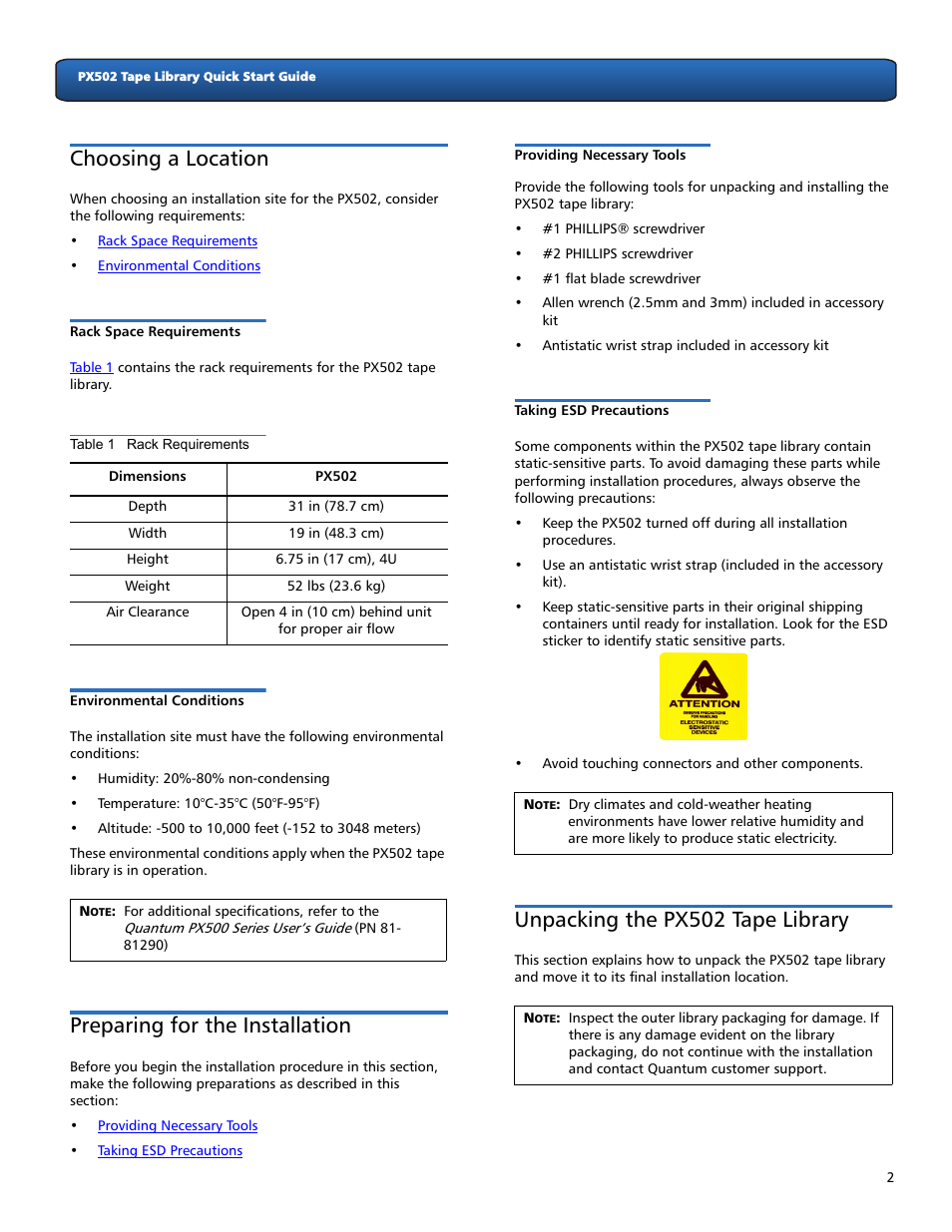 Choosing a location, Rack space requirements, Environmental conditions | Preparing for the installation, Providing necessary tools, Taking esd precautions, Unpacking the px502 tape library, Rack space requirements environmental conditions, 2 taking esd precautions | Quantum Audio Tape Library PX502 User Manual | Page 2 / 16