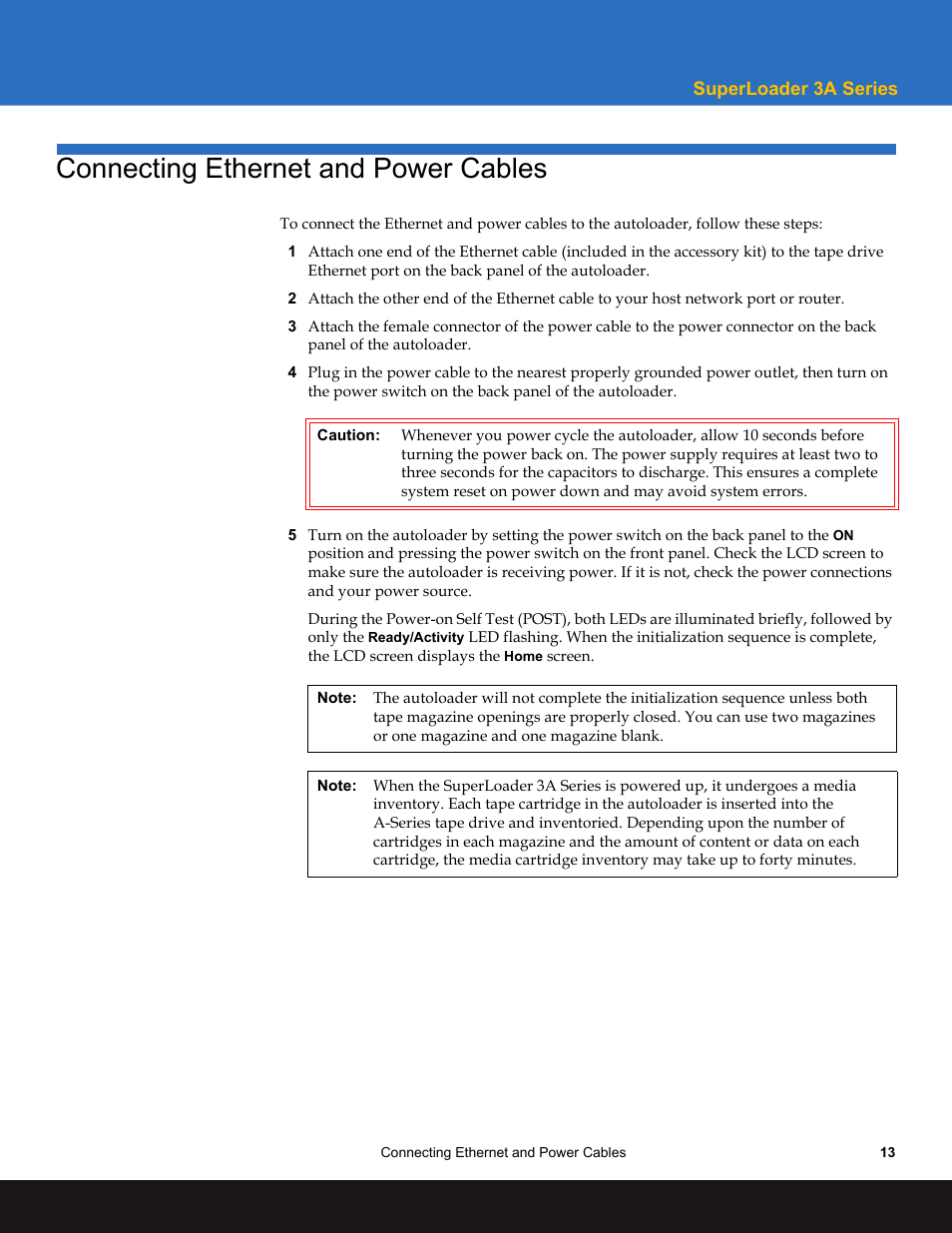 Connecting ethernet and power cables | Quantum Audio SuperLoader 3A Series User Manual | Page 13 / 14