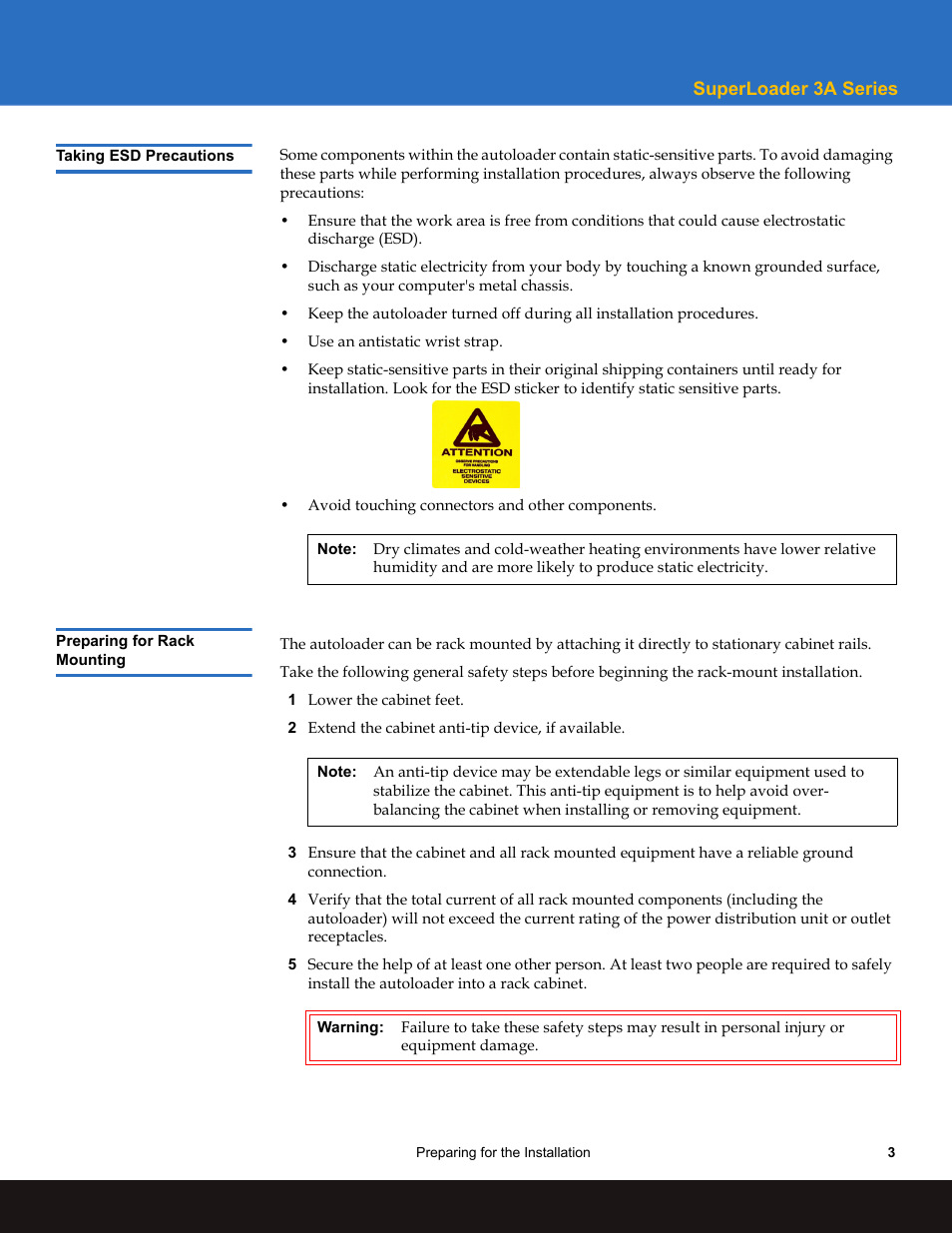 Taking esd precautions, Preparing for rack mounting | Quantum Audio SuperLoader 3A Series User Manual | Page 3 / 14