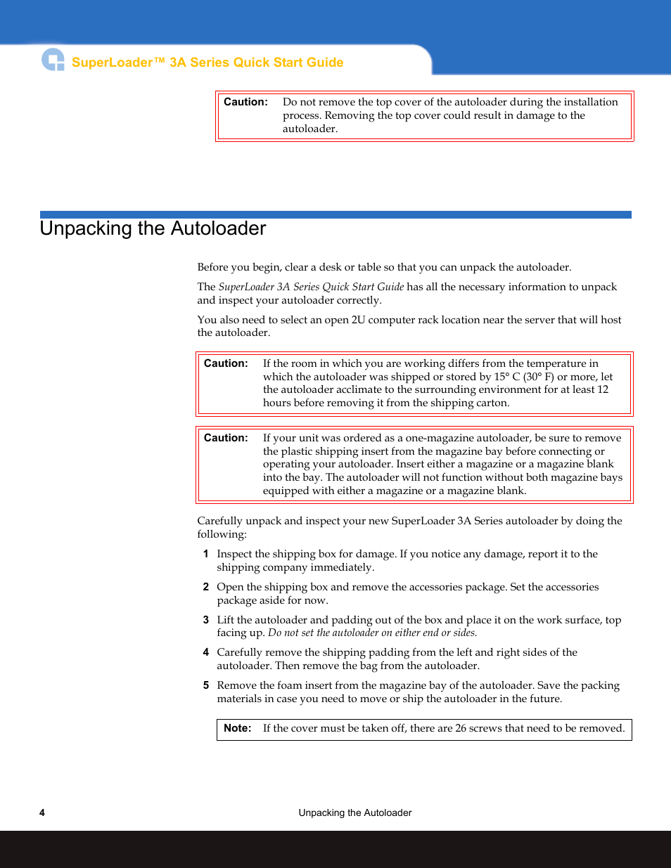 Unpacking the autoloader | Quantum Audio SuperLoader 3A Series User Manual | Page 4 / 14