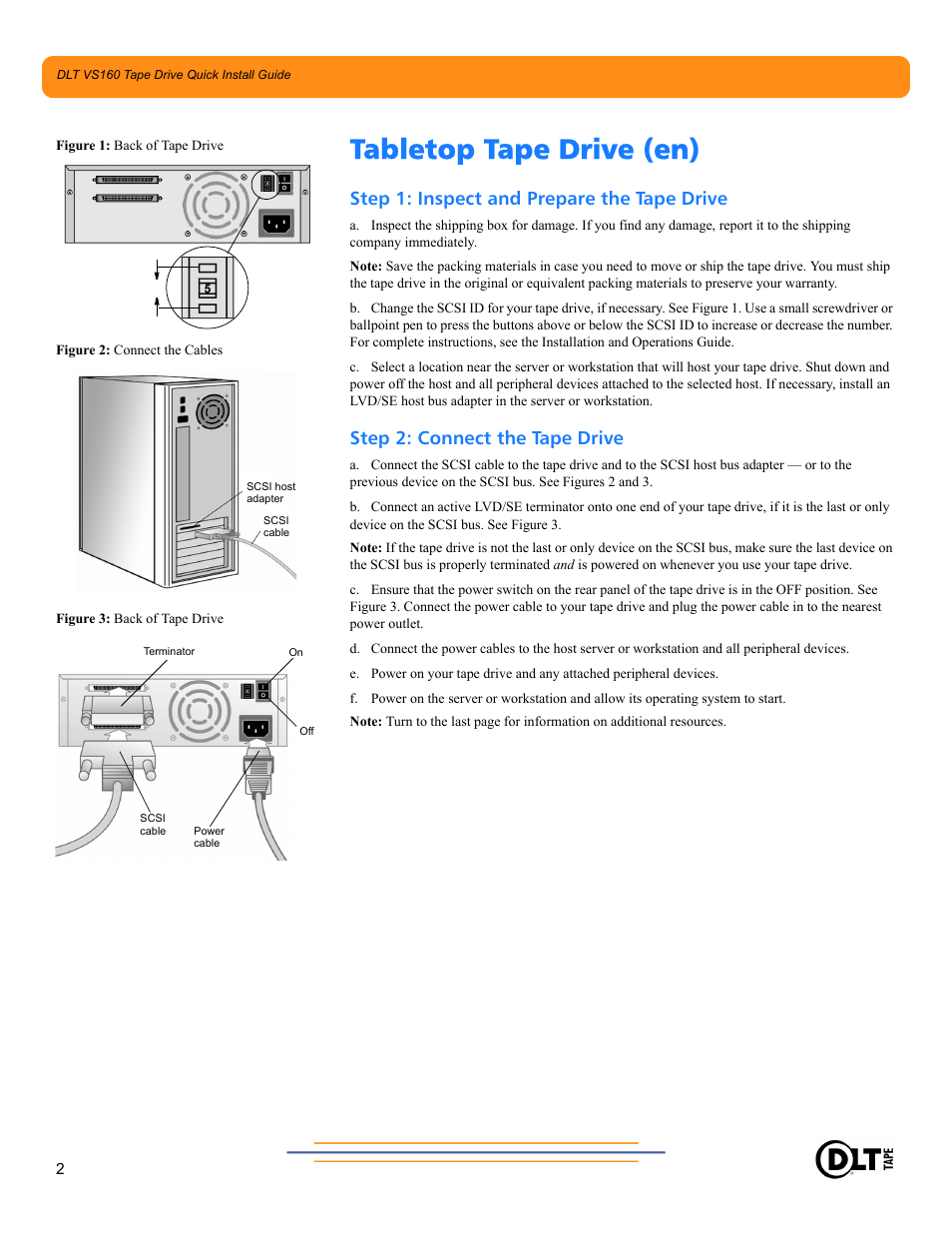 Tabletop tape drive (en), Step 1: inspect and prepare the tape drive, Step 2: connect the tape drive | Quantum Audio Tape Drive DLT VS160 User Manual | Page 2 / 14