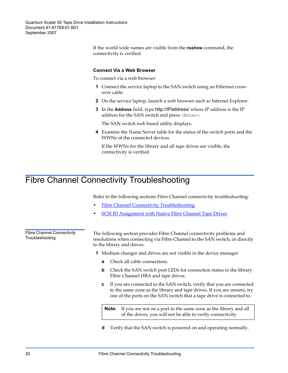 Fibre channel connectivity troubleshooting | Quantum Audio Tape Drive Scalar 50 User Manual | Page 20 / 24