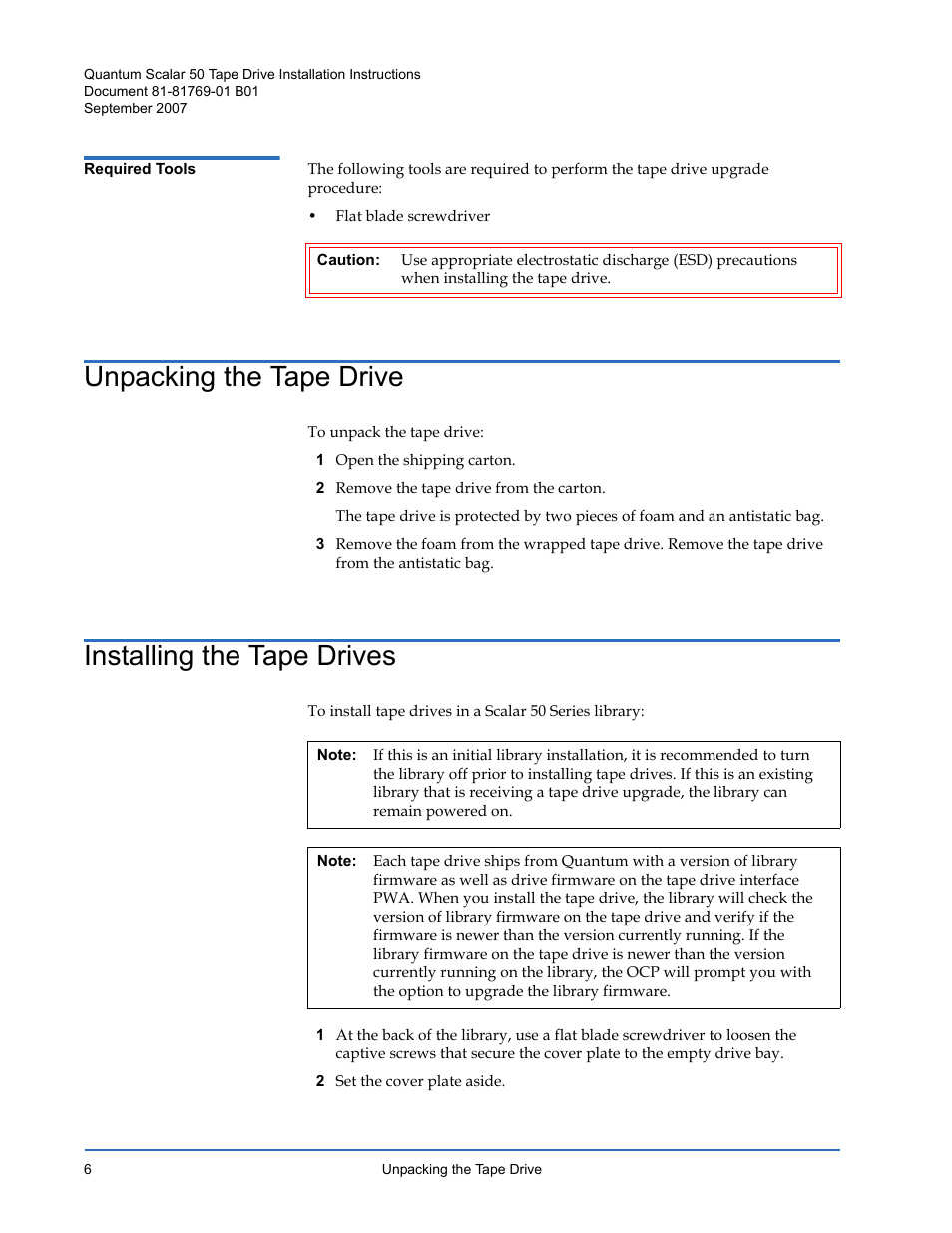 Required tools, Unpacking the tape drive, Installing the tape drives | Quantum Audio Tape Drive Scalar 50 User Manual | Page 6 / 24