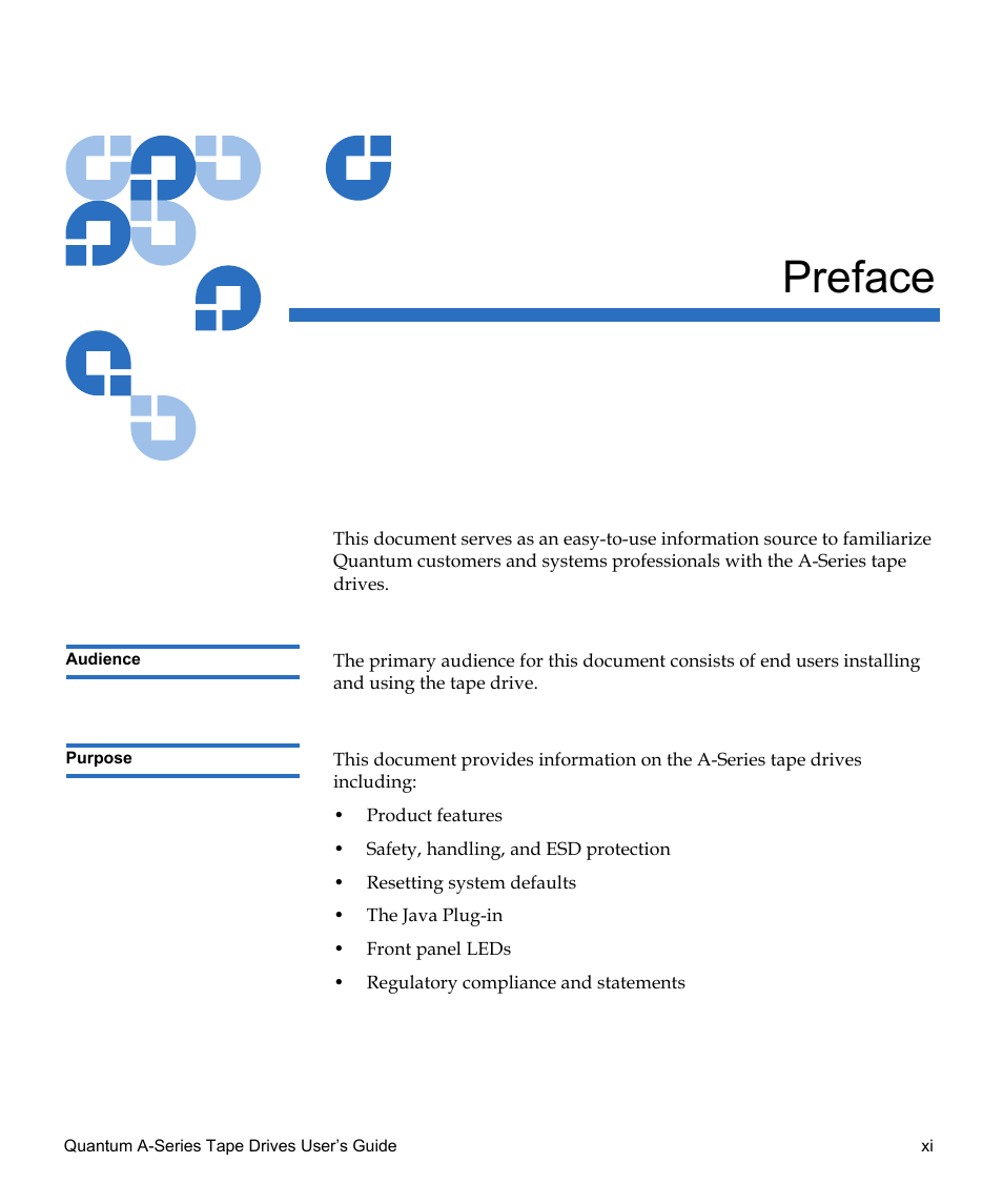 Preface | Quantum Audio Tape Drives A-Series User Manual | Page 11 / 105