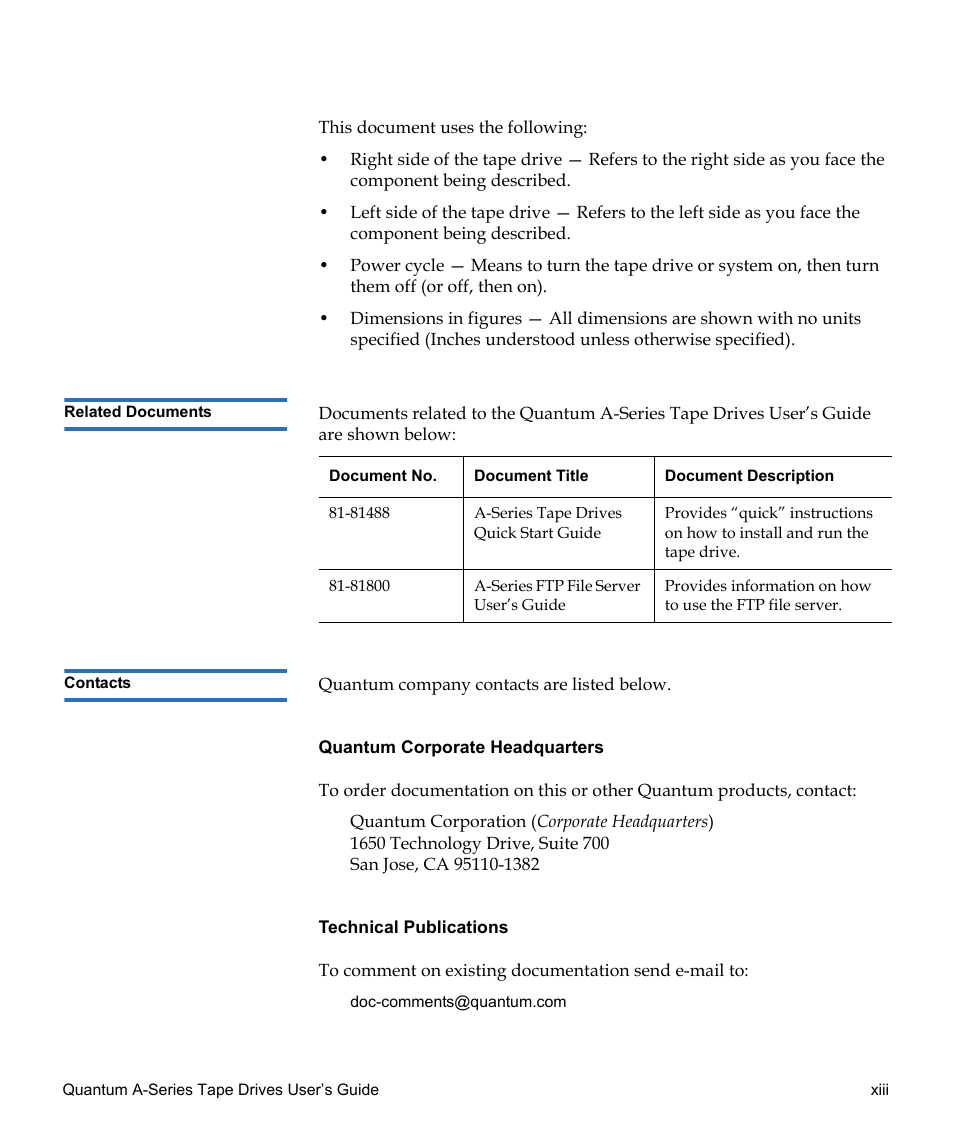 Quantum Audio Tape Drives A-Series User Manual | Page 13 / 105