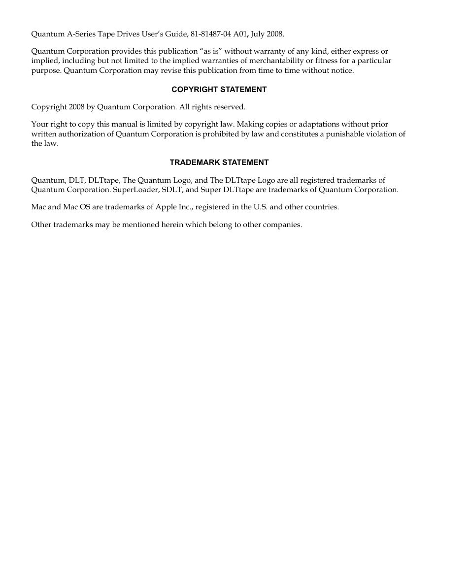 Quantum Audio Tape Drives A-Series User Manual | Page 2 / 105