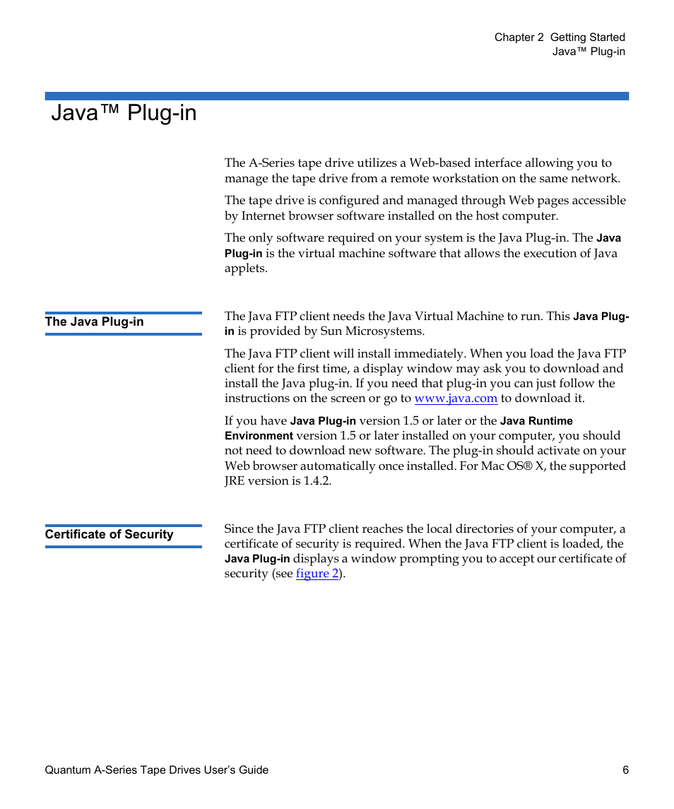 Java™ plug-in, The java plug-in, Certificate of security | Quantum Audio Tape Drives A-Series User Manual | Page 22 / 105