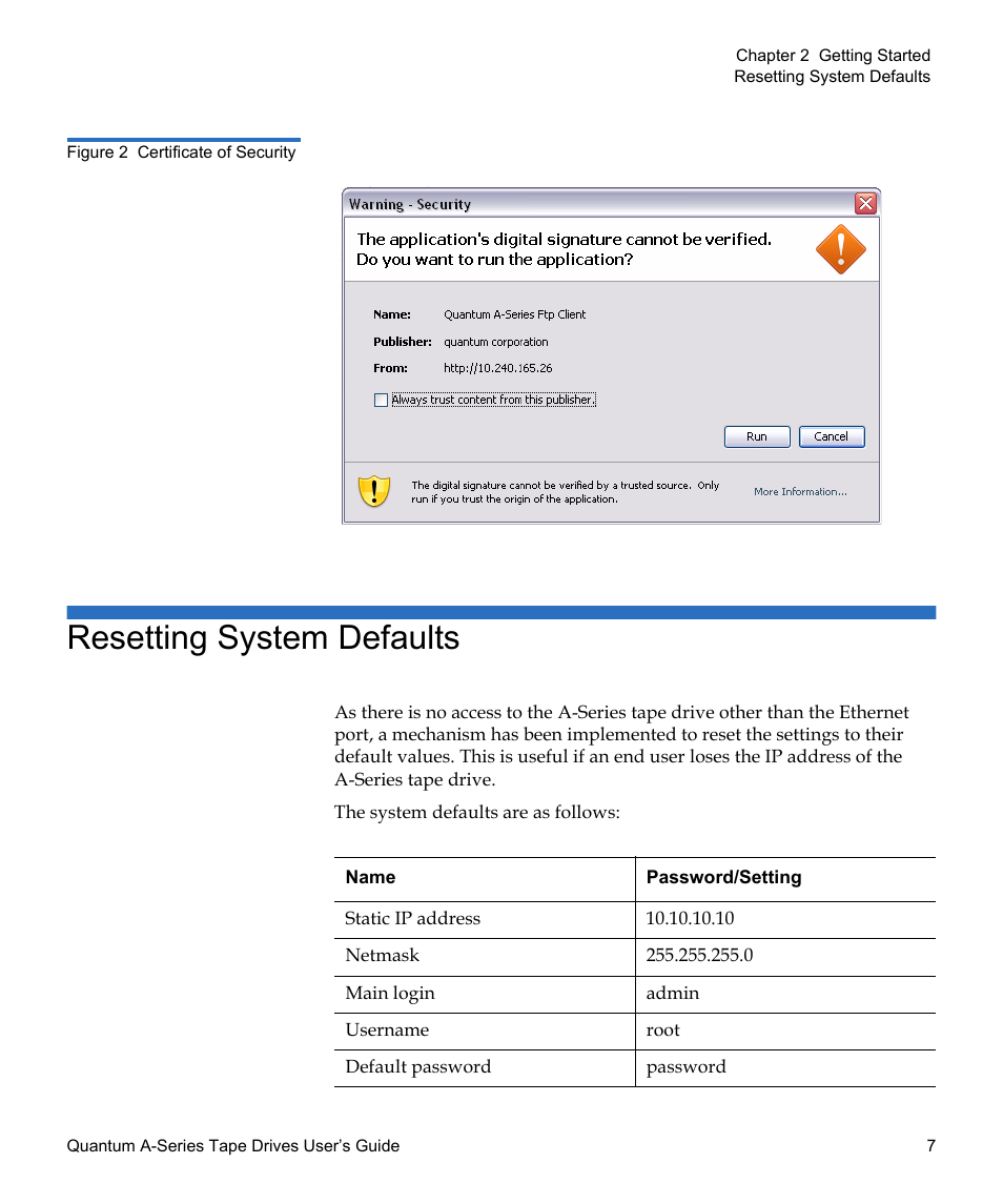 Resetting system defaults, Figure 2, Certificate of security | Quantum Audio Tape Drives A-Series User Manual | Page 23 / 105