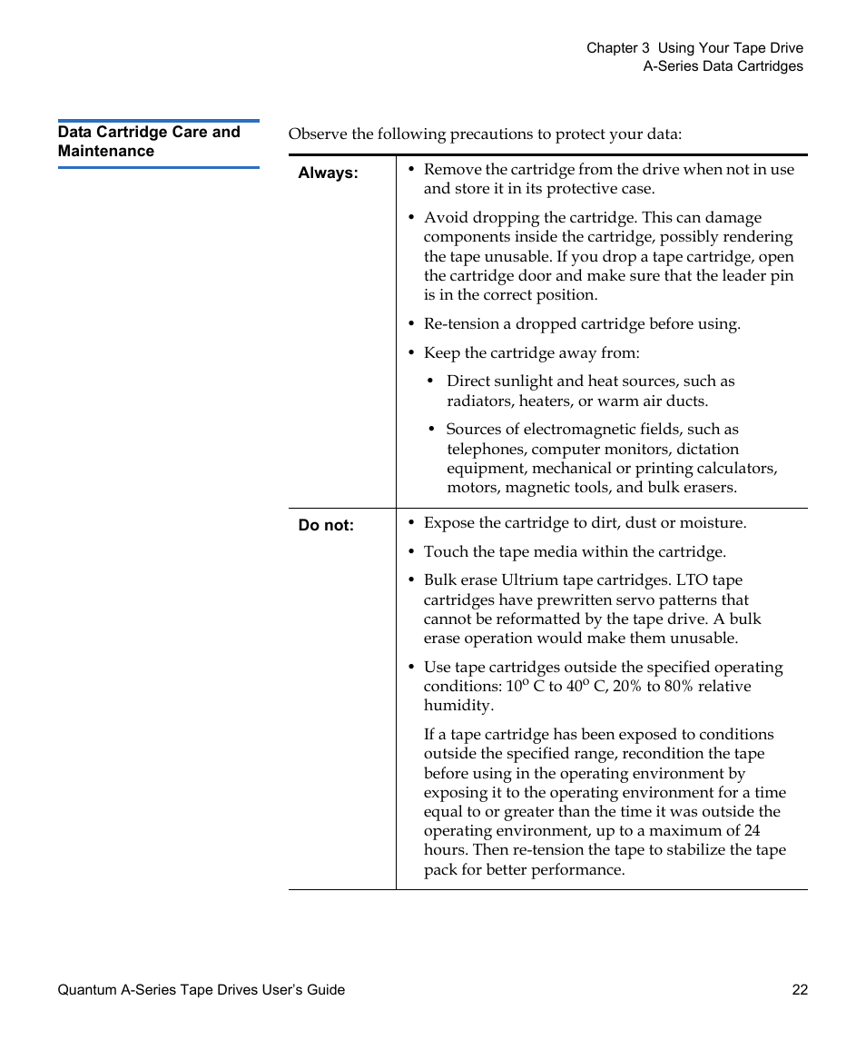 Data cartridge care and maintenance | Quantum Audio Tape Drives A-Series User Manual | Page 38 / 105