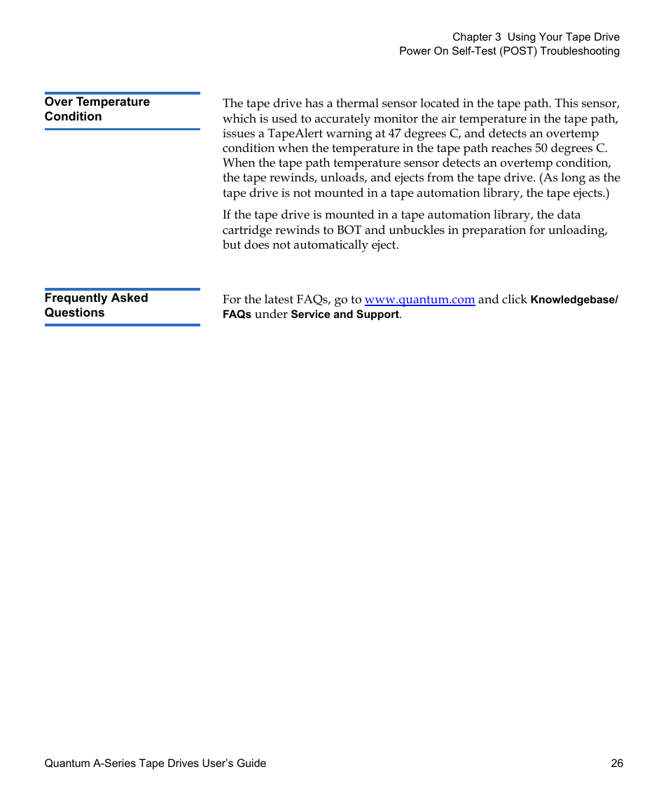 Over temperature condition, Frequently asked questions | Quantum Audio Tape Drives A-Series User Manual | Page 42 / 105