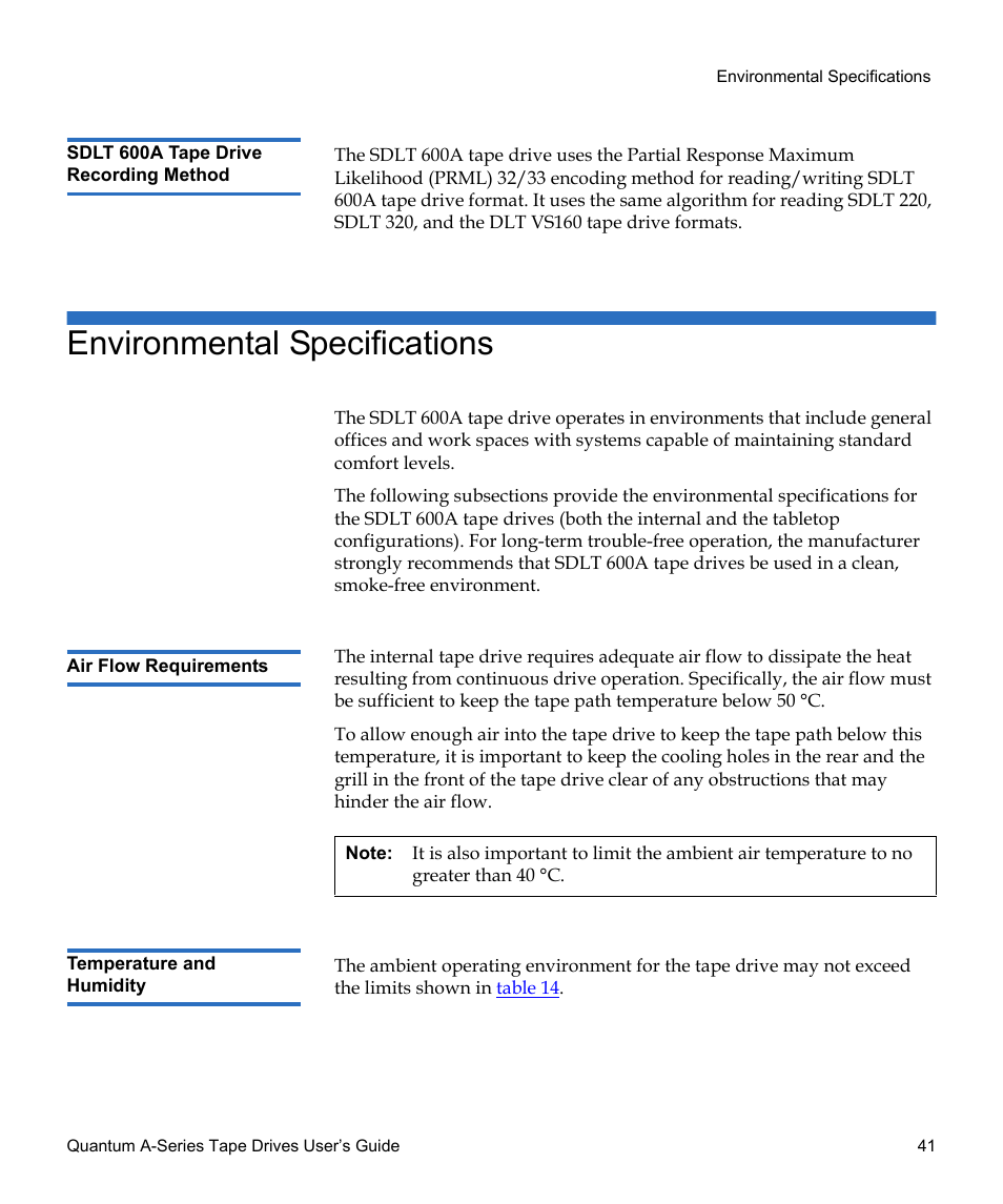 Sdlt 600a tape drive recording method, Environmental specifications, Air flow requirements | Temperature and humidity | Quantum Audio Tape Drives A-Series User Manual | Page 57 / 105