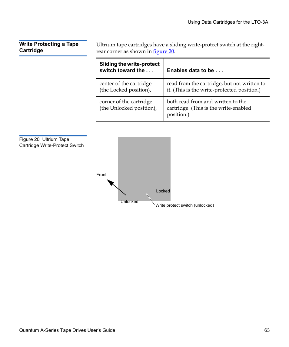 Write protecting a tape cartridge, Figure 20, Ultrium tape cartridge write-protect switch | Quantum Audio Tape Drives A-Series User Manual | Page 79 / 105