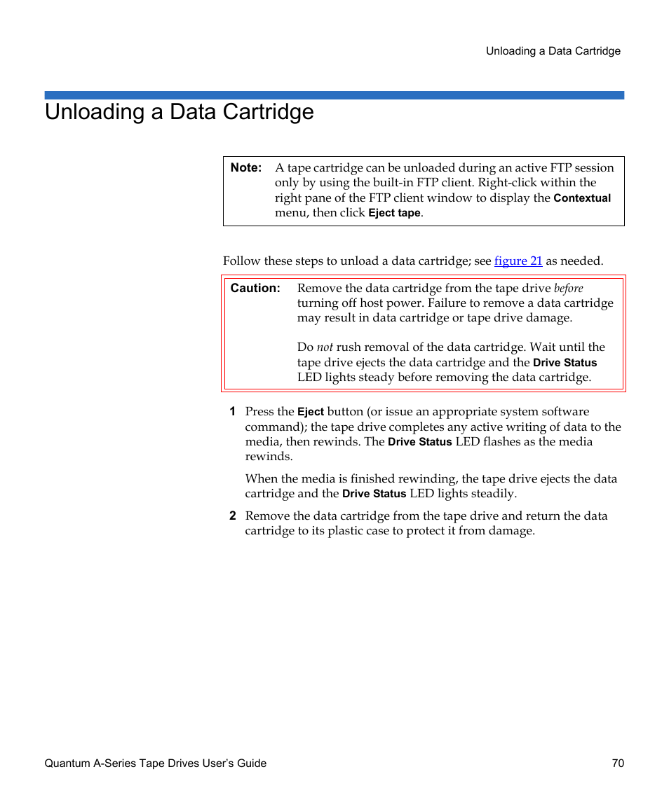 Unloading a data cartridge | Quantum Audio Tape Drives A-Series User Manual | Page 86 / 105