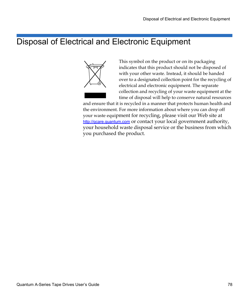 Disposal of electrical and electronic equipment | Quantum Audio Tape Drives A-Series User Manual | Page 94 / 105