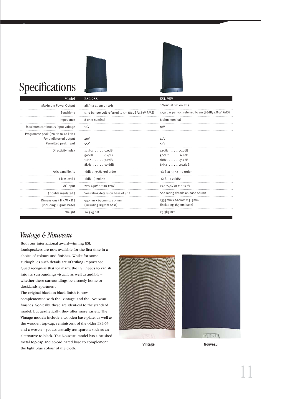 Specifications, Vintage & nouveau | QUAD Classic Series ESL User Manual | Page 11 / 12