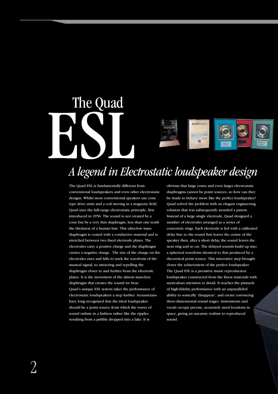 The quad, A legend in electrostatic loudspeaker design | QUAD Classic Series ESL User Manual | Page 2 / 12