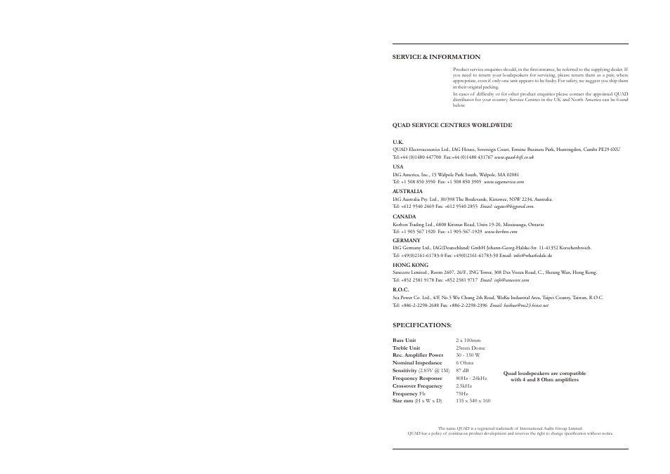 Inside cover | QUAD Speaker User Manual | Page 2 / 4